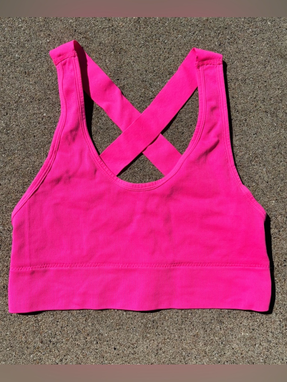 Pink Cross-Back Ribbed Sports Bra - Women